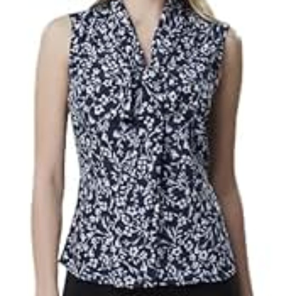 NWT Tahari Blue White Floral Print Blouse Bow Detail